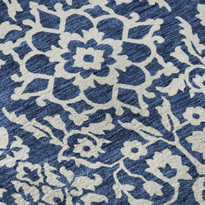 HomeRoots 8' Navy Blue and Ivory Damask Round Rug - Washable, UV-Protected, Elegant, Durable & Easy Care 673148