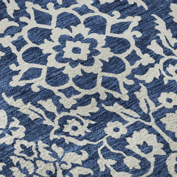 HomeRoots 8' Navy Blue and Ivory Damask Round Rug - Washable, UV-Protected, Elegant, Durable & Easy Care 673148