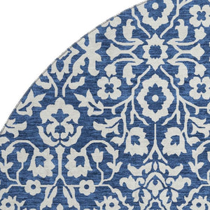 HomeRoots 8' Navy Blue and Ivory Damask Round Rug - Washable, UV-Protected, Elegant, Durable & Easy Care 673148