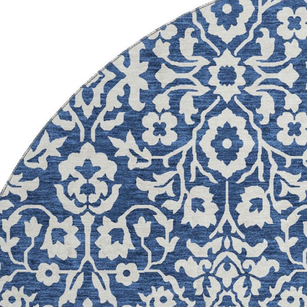 HomeRoots 8' Navy Blue and Ivory Damask Round Rug - Washable, UV-Protected, Elegant, Durable & Easy Care 673148