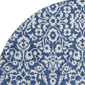 HomeRoots 8' Navy Blue and Ivory Damask Round Rug - Washable, UV-Protected, Elegant, Durable & Easy Care 673148
