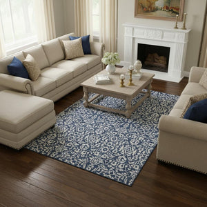 HomeRoots 8' X 10' Navy Blue & Ivory Damask Area Rug - Washable, UV Protected, Stylish & Durable for Homes 673149
