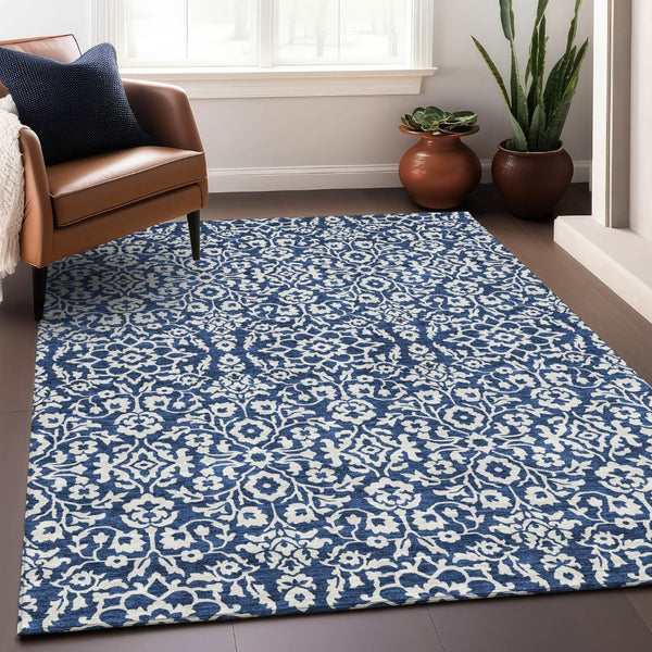 HomeRoots 8' X 10' Navy Blue & Ivory Damask Area Rug - Washable, UV Protected, Stylish & Durable for Homes 673149