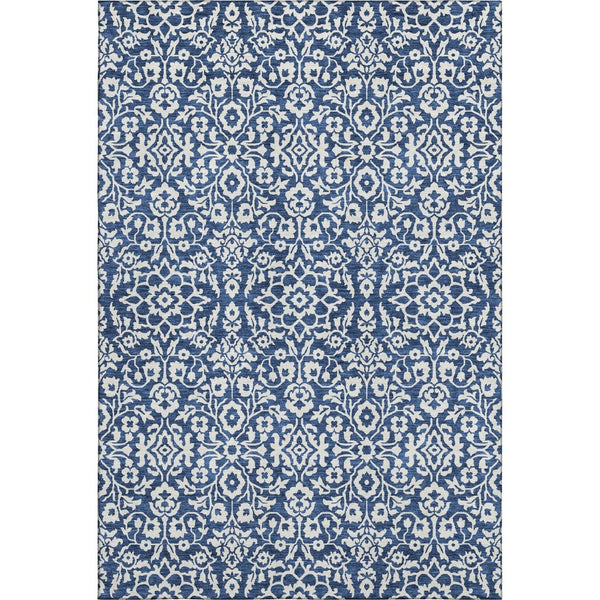 HomeRoots 8' X 10' Navy Blue & Ivory Damask Area Rug - Washable, UV Protected, Stylish & Durable for Homes 673149