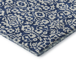 HomeRoots 8' X 10' Navy Blue & Ivory Damask Area Rug - Washable, UV Protected, Stylish & Durable for Homes 673149