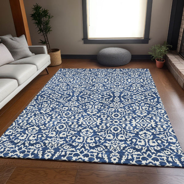 HomeRoots 8' X 10' Navy Blue & Ivory Damask Area Rug - Washable, UV Protected, Stylish & Durable for Homes 673149