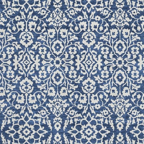 HomeRoots 8' X 10' Navy Blue & Ivory Damask Area Rug - Washable, UV Protected, Stylish & Durable for Homes 673149