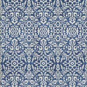 HomeRoots 8' X 10' Navy Blue & Ivory Damask Area Rug - Washable, UV Protected, Stylish & Durable for Homes 673149