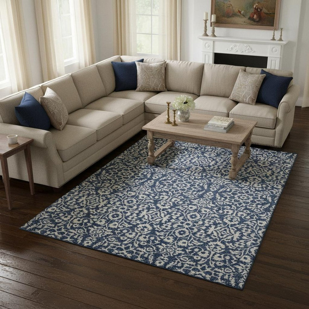 HomeRoots 9' X 12' Navy Blue & Ivory Damask Area Rug - Washable, Stain-Resistant, UV Protected for Homes 673150