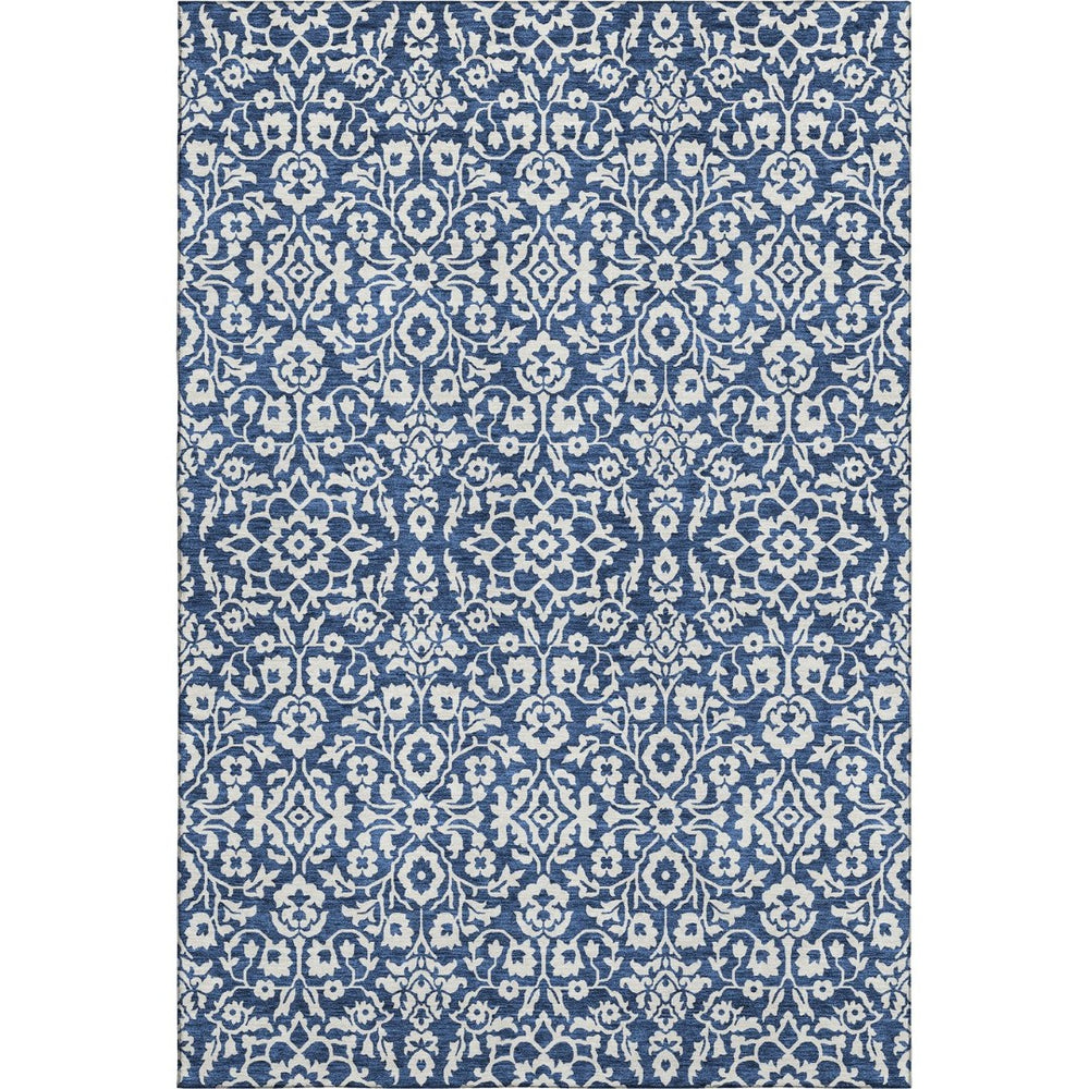 HomeRoots 9' X 12' Navy Blue & Ivory Damask Area Rug - Washable, Stain-Resistant, UV Protected for Homes 673150