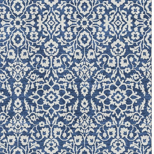 HomeRoots 9' X 12' Navy Blue & Ivory Damask Area Rug - Washable, Stain-Resistant, UV Protected for Homes 673150