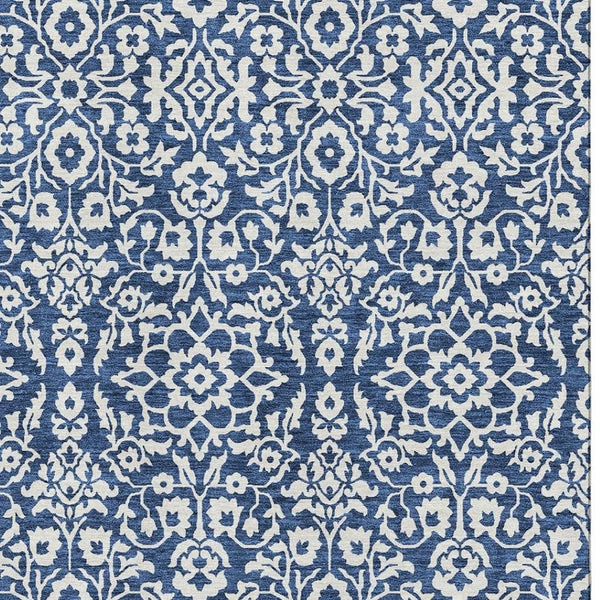 HomeRoots 9' X 12' Navy Blue & Ivory Damask Area Rug - Washable, Stain-Resistant, UV Protected for Homes 673150