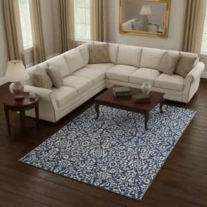 HomeRoots 10' X 14' Washable Navy Blue & Ivory Damask Area Rug - Durable, UV Protected, Stain-Resistant Design 673151