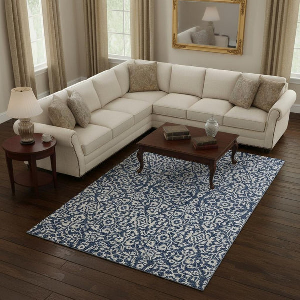 HomeRoots 10' X 14' Washable Navy Blue & Ivory Damask Area Rug - Durable, UV Protected, Stain-Resistant Design 673151