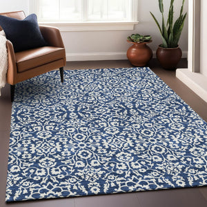 HomeRoots 10' X 14' Washable Navy Blue & Ivory Damask Area Rug - Durable, UV Protected, Stain-Resistant Design 673151
