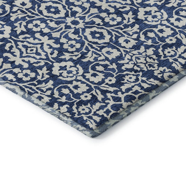 HomeRoots 10' X 14' Washable Navy Blue & Ivory Damask Area Rug - Durable, UV Protected, Stain-Resistant Design 673151