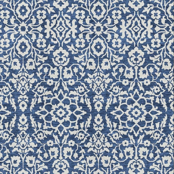 HomeRoots 10' X 14' Washable Navy Blue & Ivory Damask Area Rug - Durable, UV Protected, Stain-Resistant Design 673151