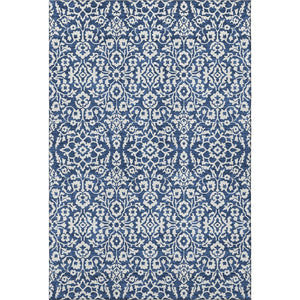 HomeRoots 10' X 14' Washable Navy Blue & Ivory Damask Area Rug - Durable, UV Protected, Stain-Resistant Design 673151