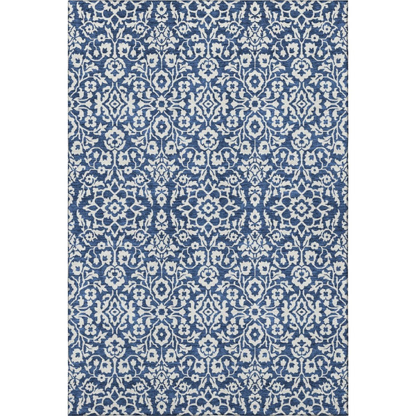 HomeRoots 10' X 14' Washable Navy Blue & Ivory Damask Area Rug - Durable, UV Protected, Stain-Resistant Design 673151