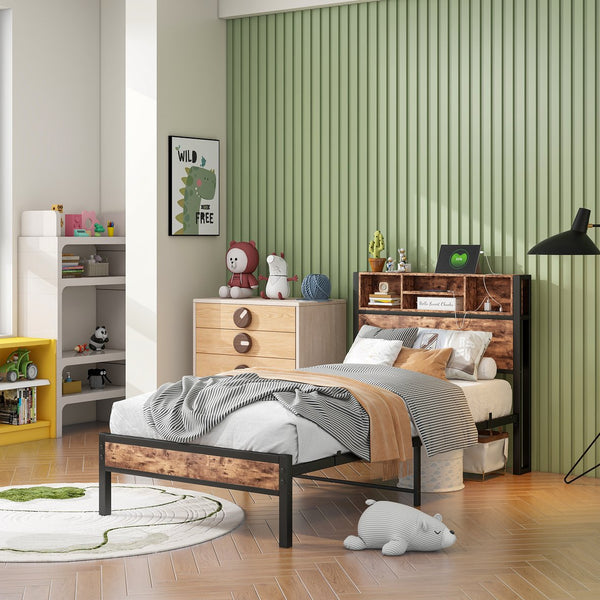 English Elm Twin Metal Platform Bed with Storage Headboard, USB Charging Station, Bookcase Shelves, Rustic Appeal W840P192226