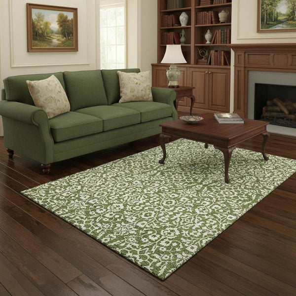 HomeRoots 5' X 8' Elegant Olive Green & Ivory Damask Area Rug – Washable, UV-Protected & Stain Resistant! 673153
