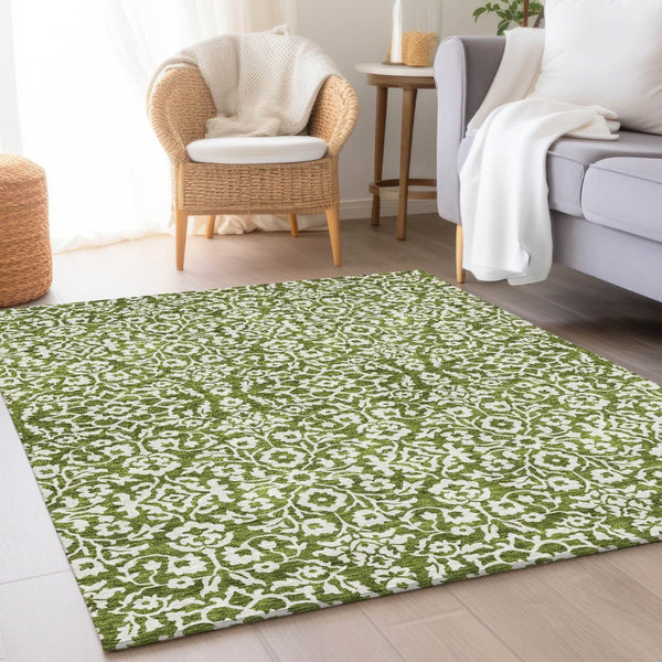 HomeRoots 5' X 8' Elegant Olive Green & Ivory Damask Area Rug – Washable, UV-Protected & Stain Resistant! 673153