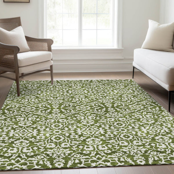 HomeRoots 5' X 8' Elegant Olive Green & Ivory Damask Area Rug – Washable, UV-Protected & Stain Resistant! 673153