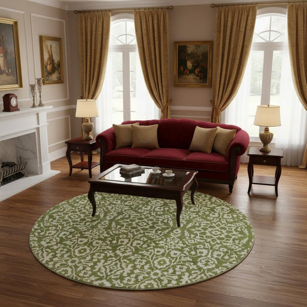 HomeRoots 8' Olive Green Damask Round Rug - Washable, UV Protected, Stylish & Durable for High-Traffic Areas 673154