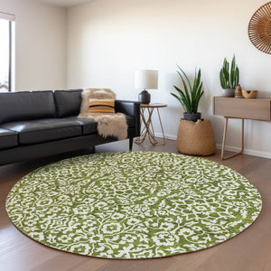 HomeRoots 8' Olive Green Damask Round Rug - Washable, UV Protected, Stylish & Durable for High-Traffic Areas 673154