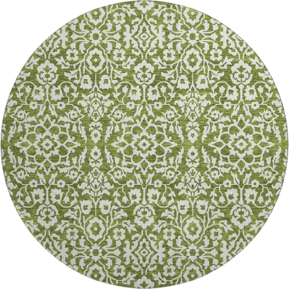 HomeRoots 8' Olive Green Damask Round Rug - Washable, UV Protected, Stylish & Durable for High-Traffic Areas 673154