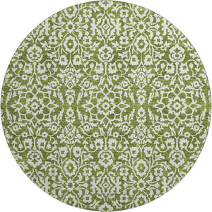 HomeRoots 8' Olive Green Damask Round Rug - Washable, UV Protected, Stylish & Durable for High-Traffic Areas 673154