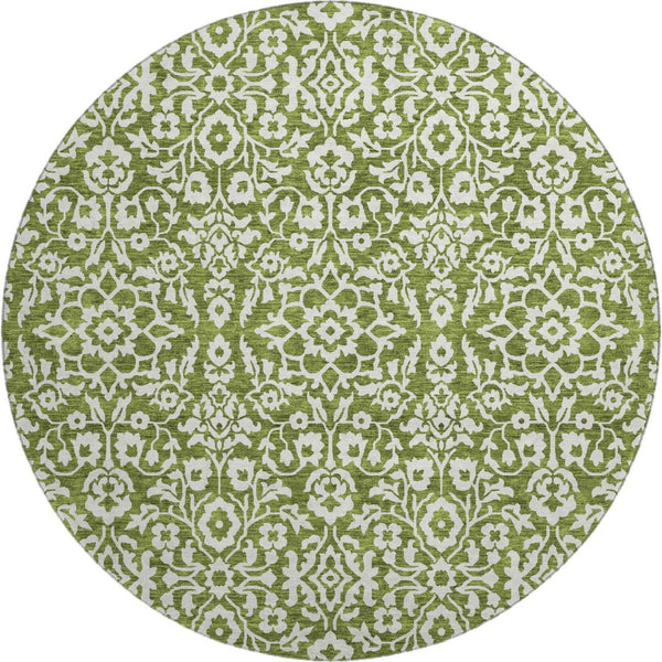 HomeRoots 8' Olive Green Damask Round Rug - Washable, UV Protected, Stylish & Durable for High-Traffic Areas 673154