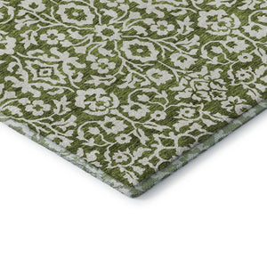 HomeRoots 8' Olive Green Damask Round Rug - Washable, UV Protected, Stylish & Durable for High-Traffic Areas 673154