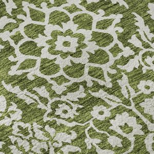 HomeRoots 8' Olive Green Damask Round Rug - Washable, UV Protected, Stylish & Durable for High-Traffic Areas 673154