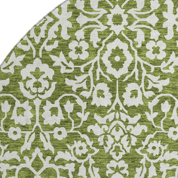 HomeRoots 8' Olive Green Damask Round Rug - Washable, UV Protected, Stylish & Durable for High-Traffic Areas 673154