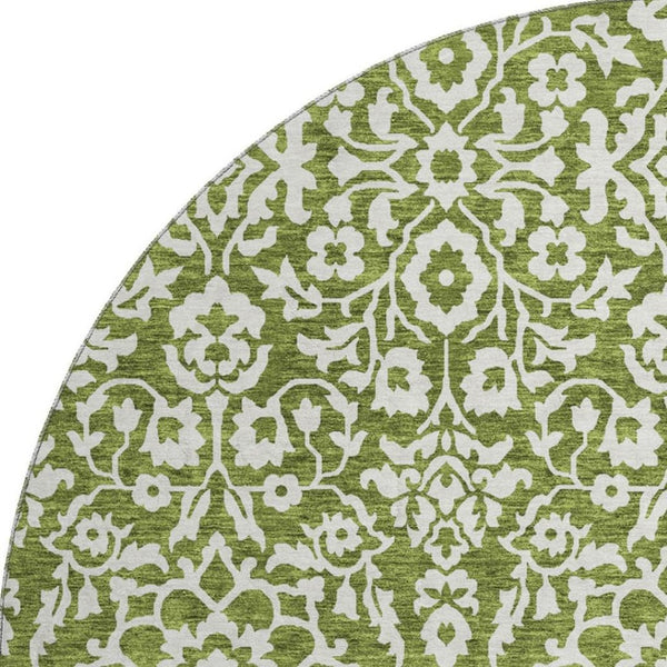 HomeRoots 8' Olive Green Damask Round Rug - Washable, UV Protected, Stylish & Durable for High-Traffic Areas 673154