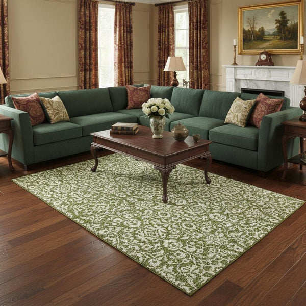HomeRoots 8' X 10' Olive Green and Ivory Damask Area Rug – Stylish, Washable, UV-Protected for High-Traffic Spaces 673155