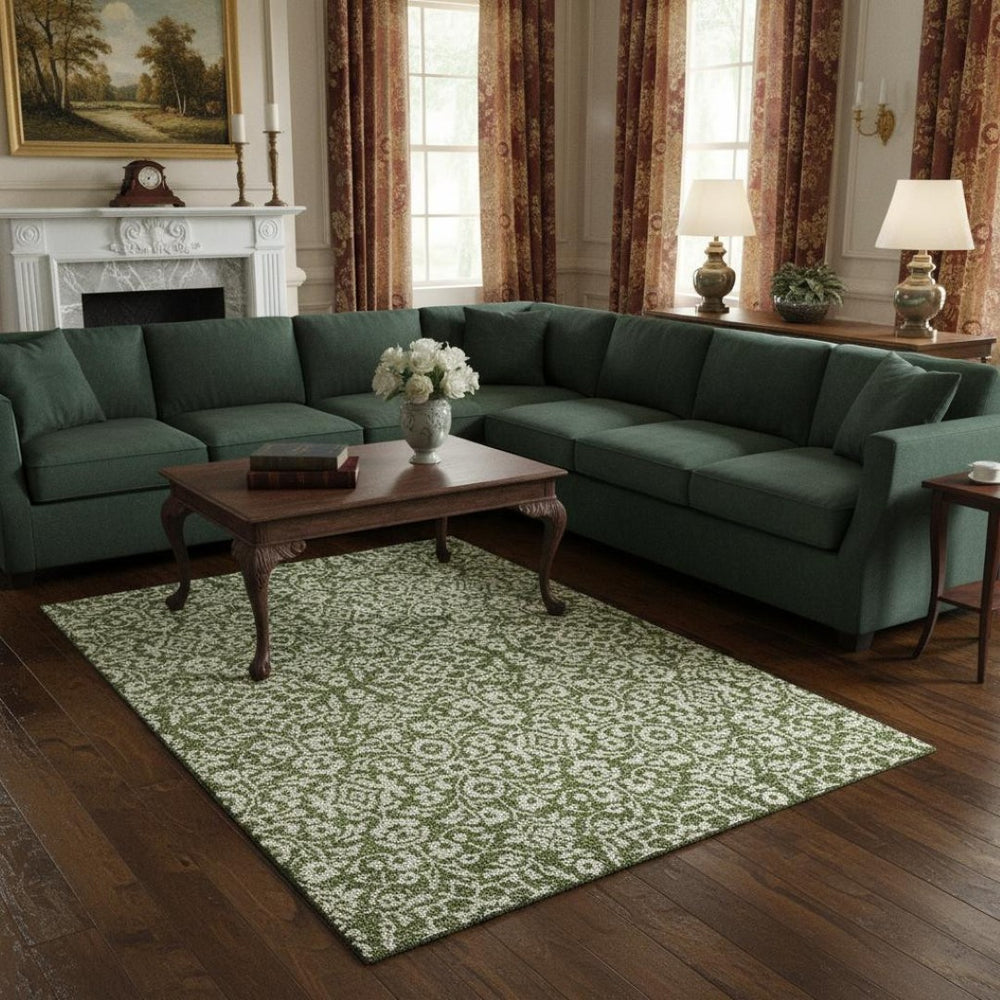 HomeRoots 9' X 12' Elegant Olive Green & Ivory Damask Washable Area Rug with UV Protection for High-Traffic Homes 673156
