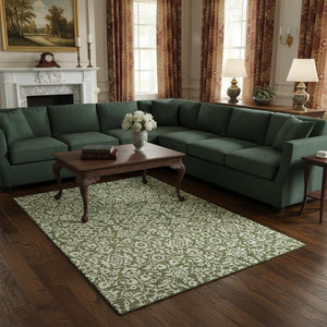 HomeRoots 9' X 12' Elegant Olive Green & Ivory Damask Washable Area Rug with UV Protection for High-Traffic Homes 673156