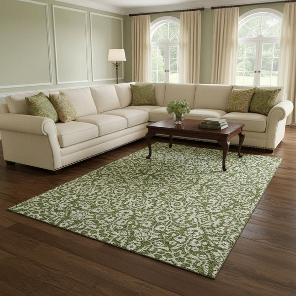 HomeRoots 10' Olive Green and Ivory Damask Washable Area Rug - UV Protected, Stain Resistant for High Traffic Homes 673157