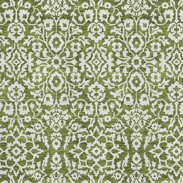 HomeRoots 10' Olive Green and Ivory Damask Washable Area Rug - UV Protected, Stain Resistant for High Traffic Homes 673157