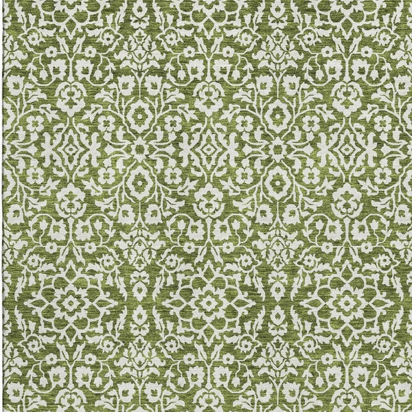 HomeRoots 10' Olive Green and Ivory Damask Washable Area Rug - UV Protected, Stain Resistant for High Traffic Homes 673157