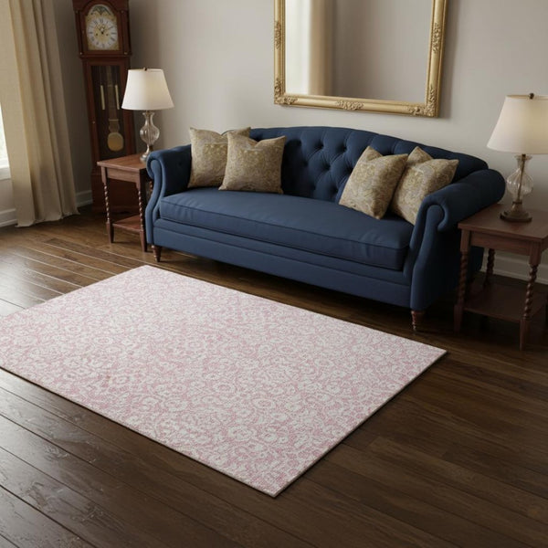 HomeRoots 5' X 8' Pink And Ivory Damask Area Rug – Stylish, Washable, UV-Protected, Perfect for Homes with Kids! 673159