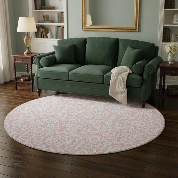 HomeRoots 8' Pink And Ivory Damask Round Rug – Washable, UV-Protected, Stain-Resistant for Stylish Living Spaces! 673160