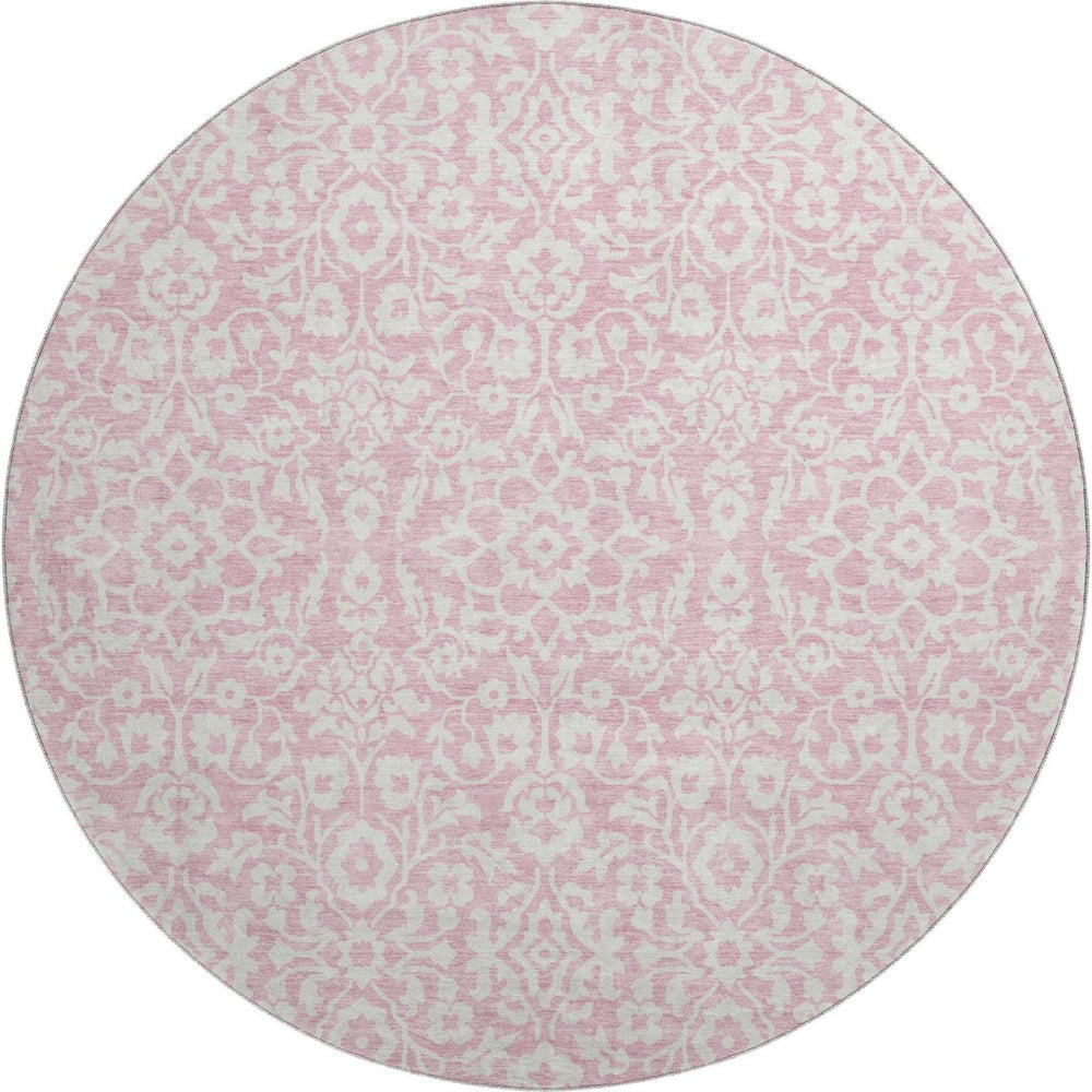HomeRoots 8' Pink And Ivory Damask Round Rug – Washable, UV-Protected, Stain-Resistant for Stylish Living Spaces! 673160