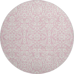 HomeRoots 8' Pink And Ivory Damask Round Rug – Washable, UV-Protected, Stain-Resistant for Stylish Living Spaces! 673160