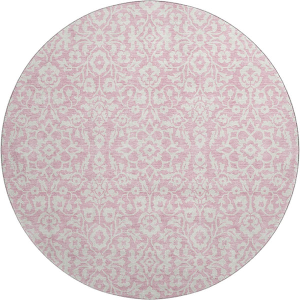 HomeRoots 8' Pink And Ivory Damask Round Rug – Washable, UV-Protected, Stain-Resistant for Stylish Living Spaces! 673160
