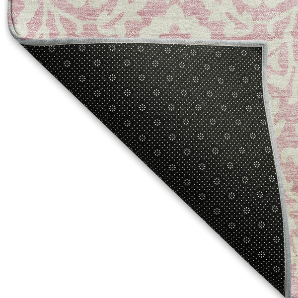 HomeRoots 8' Pink And Ivory Damask Round Rug – Washable, UV-Protected, Stain-Resistant for Stylish Living Spaces! 673160