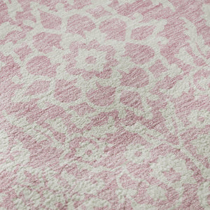 HomeRoots 8' Pink And Ivory Damask Round Rug – Washable, UV-Protected, Stain-Resistant for Stylish Living Spaces! 673160