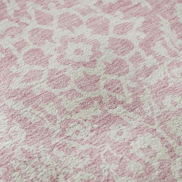 HomeRoots 8' Pink And Ivory Damask Round Rug – Washable, UV-Protected, Stain-Resistant for Stylish Living Spaces! 673160